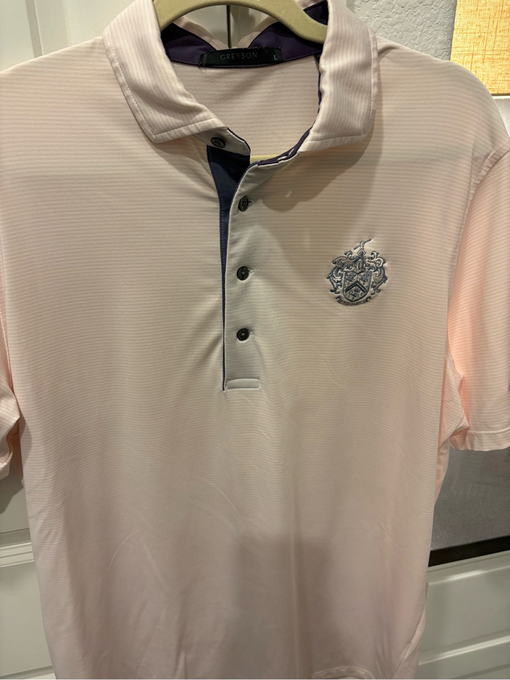 Greyson Pale Pink Polo with Navy Placket and Embroidered Crest